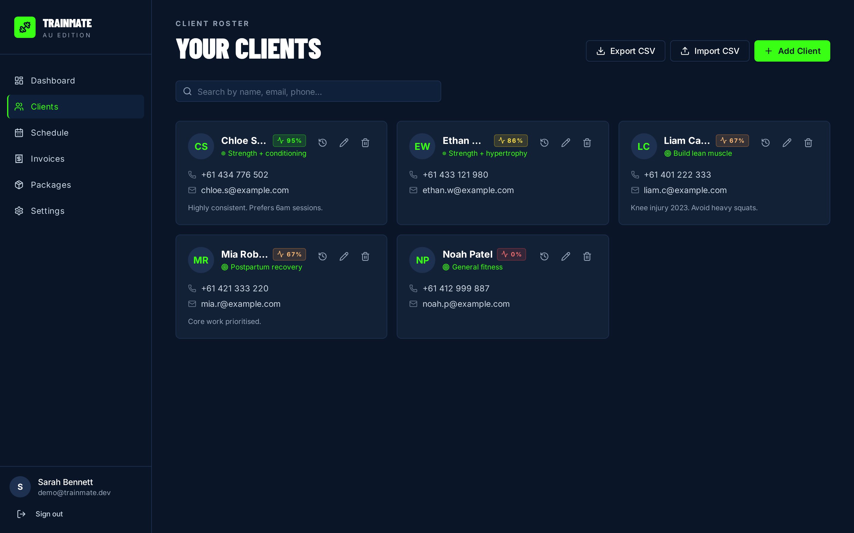 TrainMate Clients screen showing reliability score badges for each client