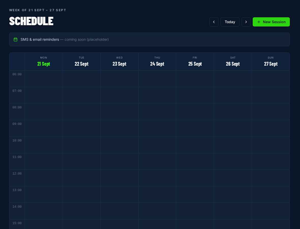 TrainMate weekly Schedule screen